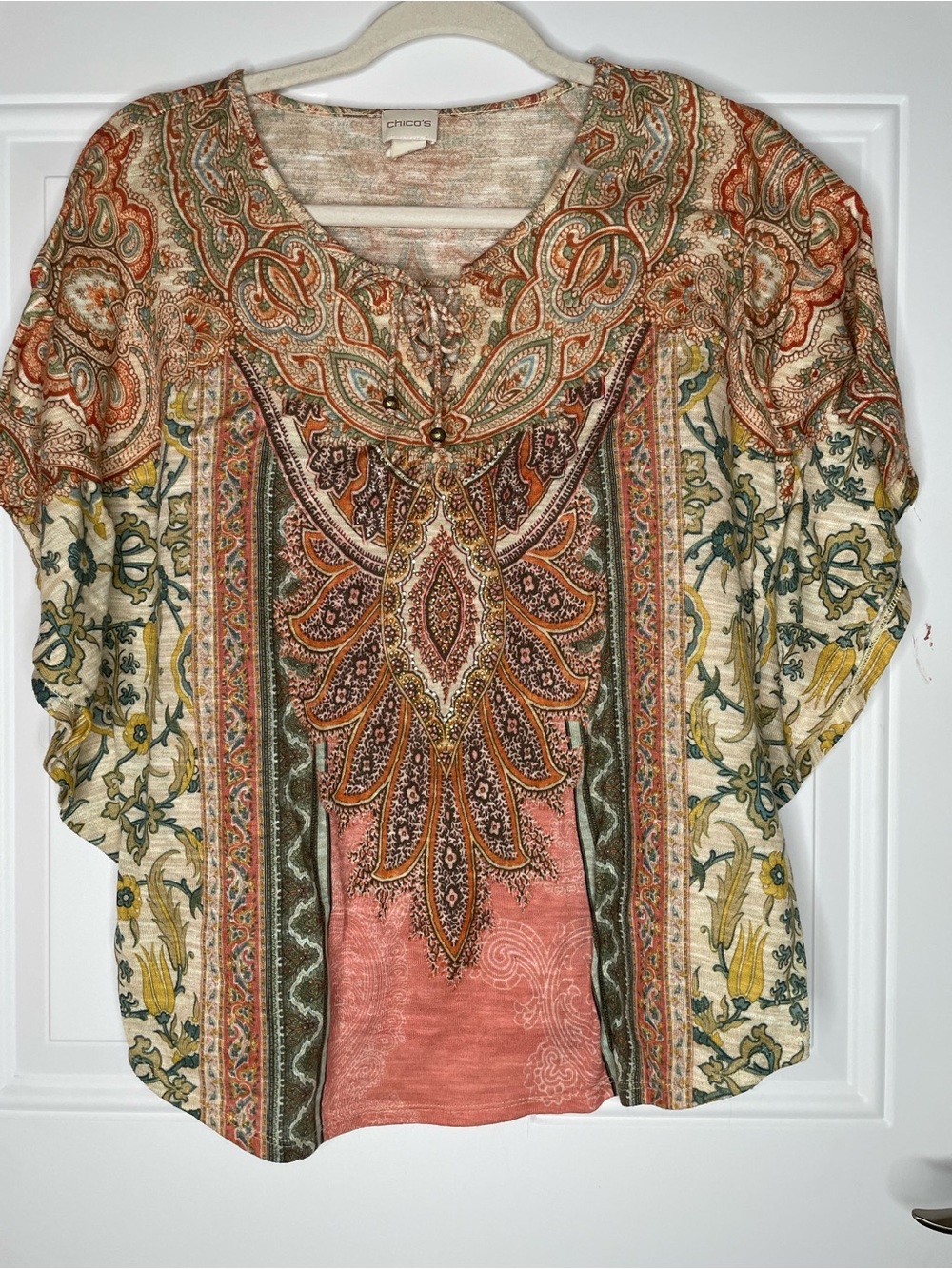 Chico's Coral, Green & Cream Boho Blouse Size 1/Medium